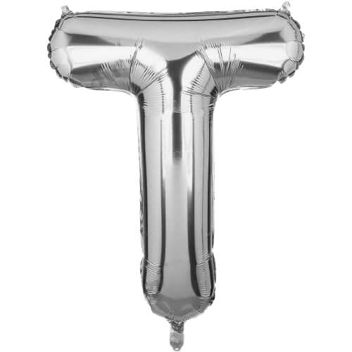 Silver foil letter T balloon, 16 inches, ideal for personalized party decorations and celebration themes.