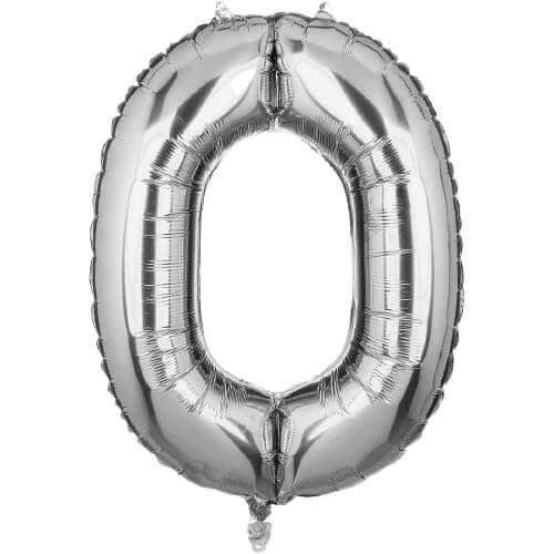 Silver foil balloon shaped like the number zero, ideal for birthday parties and celebrations.