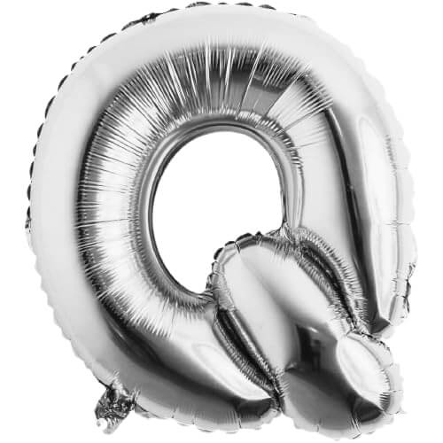 Silver Q Letter Foil Balloon, 16 inch size, ideal for custom decorations at parties and special events.