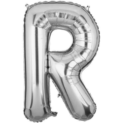 Silver foil balloon letter R, 16 inches, perfect for birthday, wedding, and party decorations.