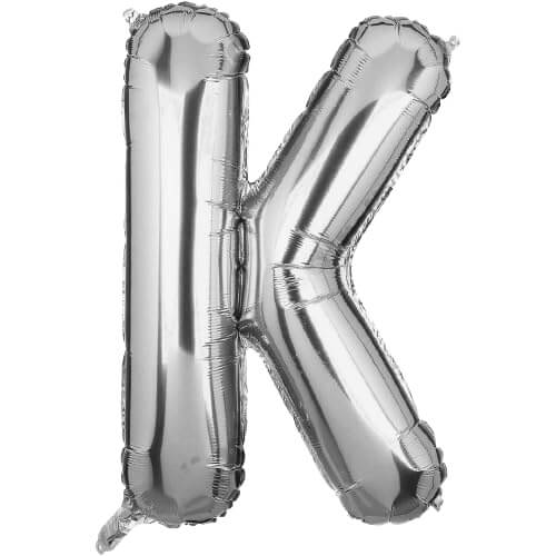 Shiny silver letter K foil balloon, 16 inch size, perfect for birthday and celebration decorations.