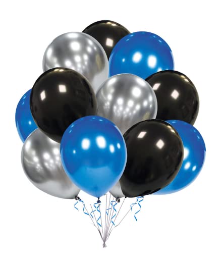 Pack of colorful balloons in blue, black, and silver for birthday or party decorations, perfect for celebrations.