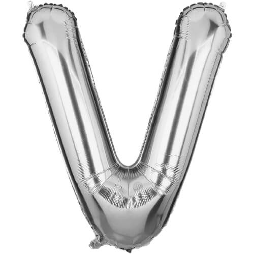Silver foil letter V balloon, 16 inches, ideal for birthdays, anniversaries, and festive celebrations.