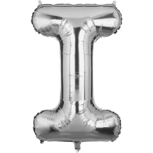 Silver foil letter I balloon, 16-inch tall, ideal for birthday, anniversary, or wedding decorations.