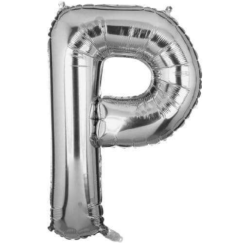 Silver foil letter P balloon, 16 inches tall, ideal for birthday, anniversary, or custom event decorations.
