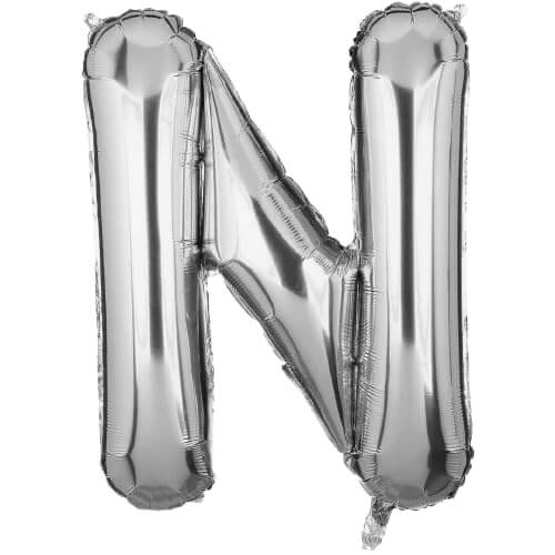 Silver letter N foil balloon, 16 inches, ideal for custom phrases in birthdays, weddings, and celebrations.