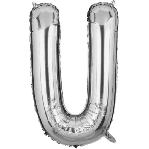Silver foil letter U balloon, 16 inches, perfect for birthday, wedding, or anniversary decorations.