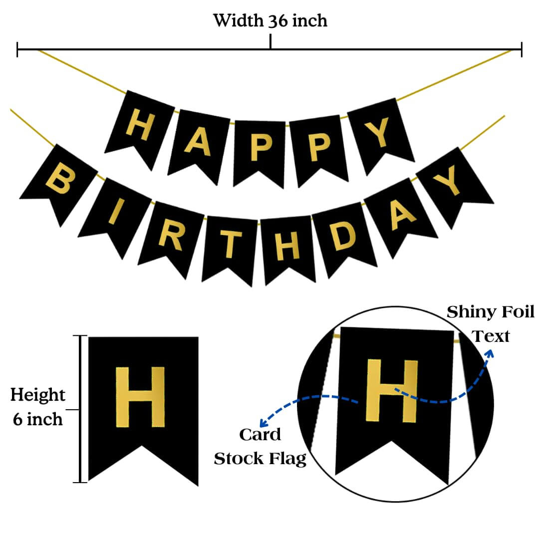 Dark blue Happy Birthday banner with shiny gold foil letters, 36x6 inches, perfect for festive celebrations.