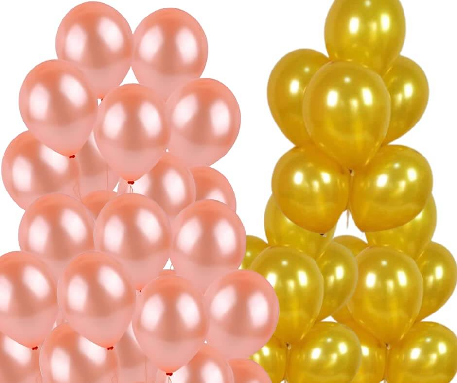 Pack of pink and gold balloons, perfect for party decorations and celebrations, featuring shiny, glossy finishes.
