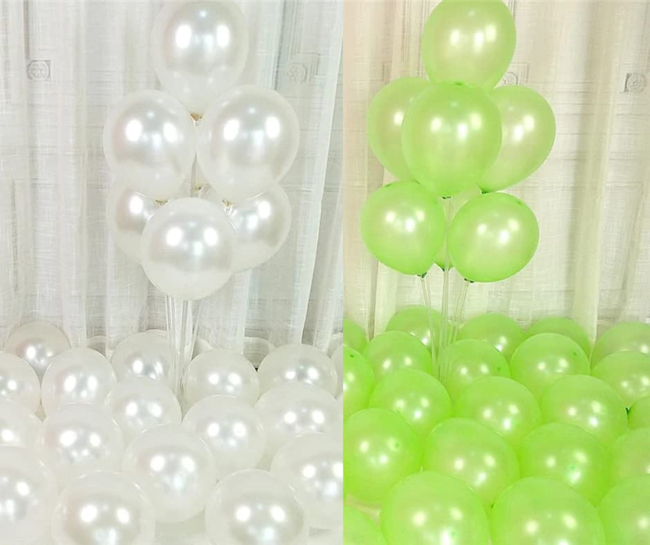 White and green balloons arranged for decoration, perfect for parties and celebrations.