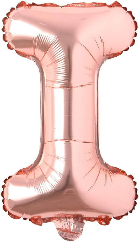 16-inch rose gold foil letter I balloon ideal for birthday, anniversary, and celebration decorations.