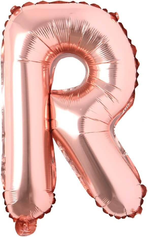 Rose gold foil letter R balloon, 16 inch size, perfect for birthday, wedding, or custom celebrations.