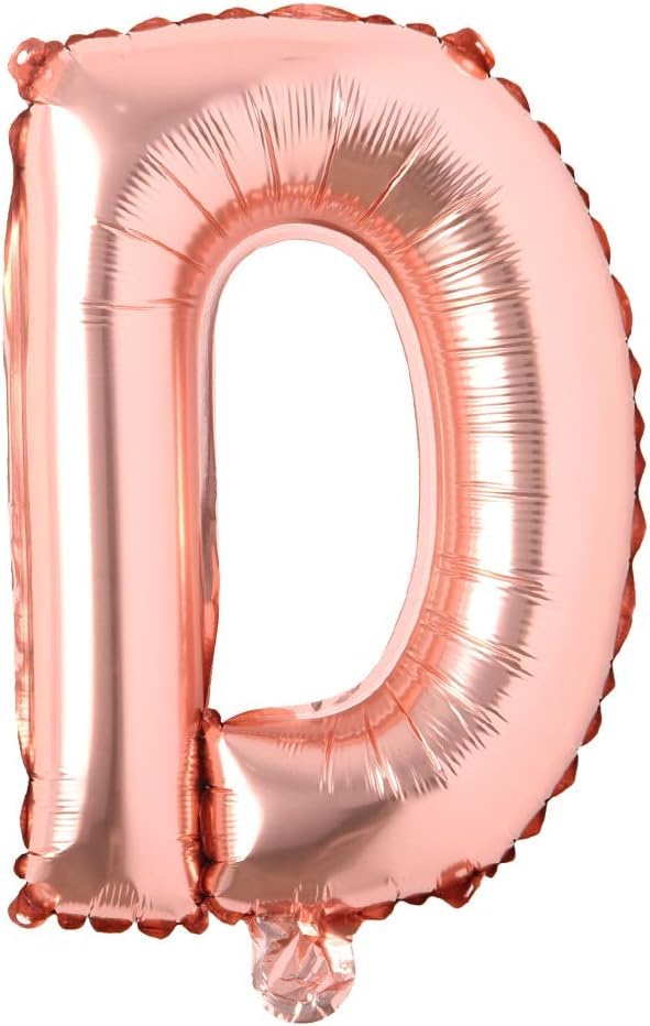 Rose gold foil letter D balloon, 16-inch size, ideal for birthday, wedding, and anniversary decorations.
