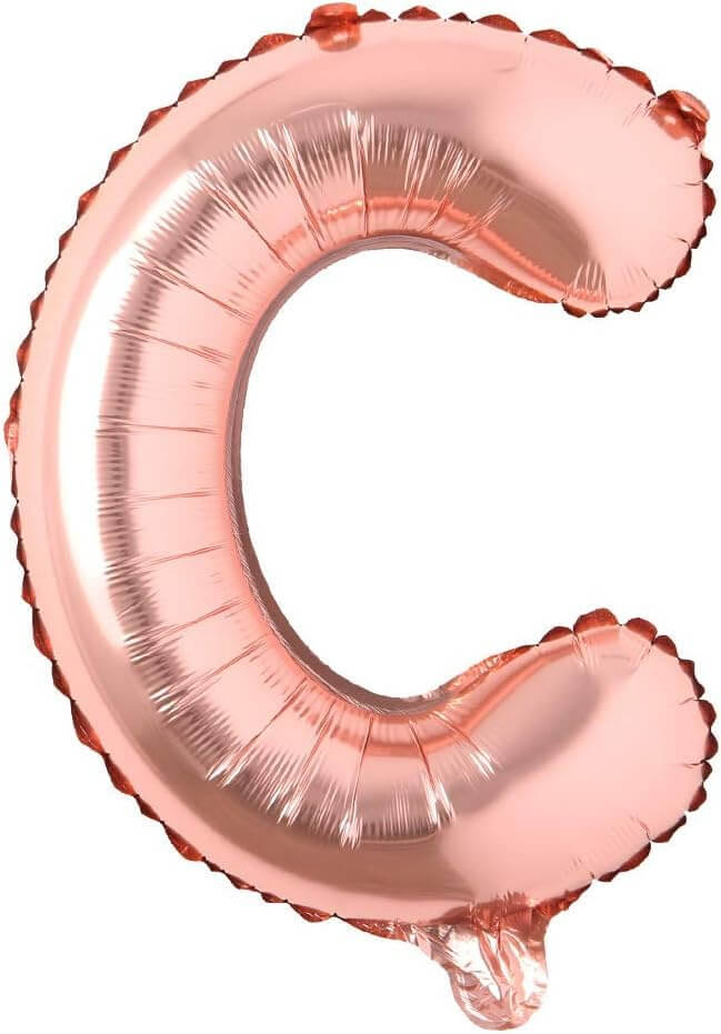Rose gold foil letter C balloon, 16 inches, ideal for birthday, wedding, or custom decoration.