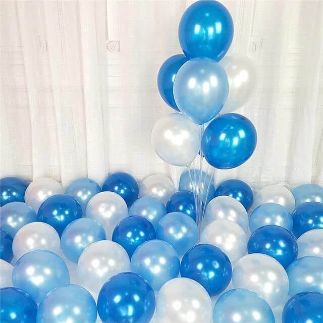 Flyloons pack of 50 blue sky blue and white metallic balloons for birthday and wedding decorations.