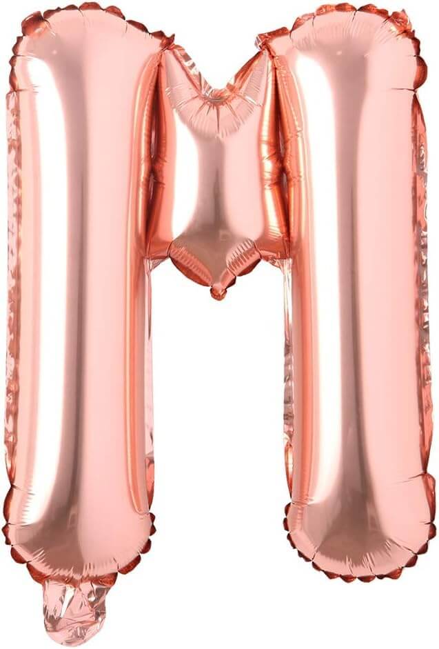 Rose gold foil balloon letter M, 16 inches, ideal for celebrations like birthdays, weddings, and anniversaries.