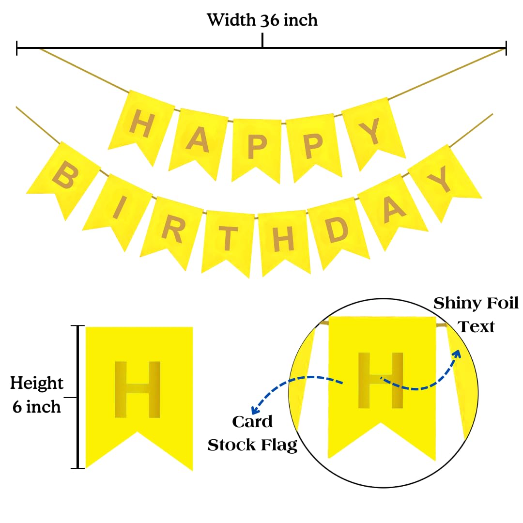 Bright yellow Happy Birthday banner with shiny foil text, 36 inches wide and 6 inches high, perfect for celebrations.
