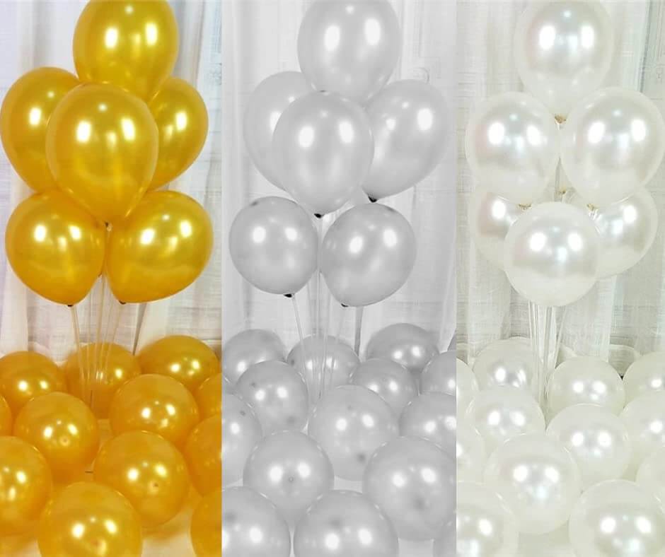Pack of golden and white balloons perfect for birthday and celebration decorations.