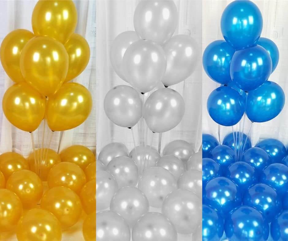 Pack of 50 blue, white, and metallic balloons for birthday, wedding, and party decorations.