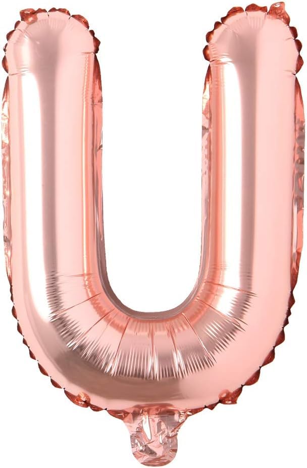 Rose gold letter U foil balloon, 16 inches, ideal for birthday, wedding, anniversary, or custom phrases.