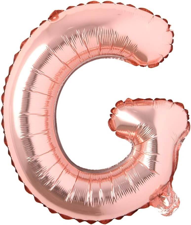 Flyloons 16-inch rose gold 'G' foil balloon, ideal for birthday, wedding, and anniversary celebrations, perfect for custom decor.
