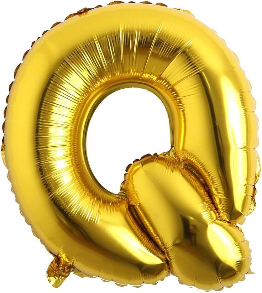 Golden Q letter foil balloon, 16 inch size, perfect for birthday, anniversary, and wedding decorations.