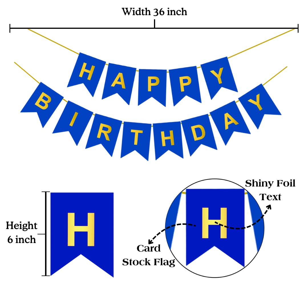 Dark blue 'Happy Birthday' banner featuring shiny foil text, size 36x6 inches, ideal for festive celebrations.