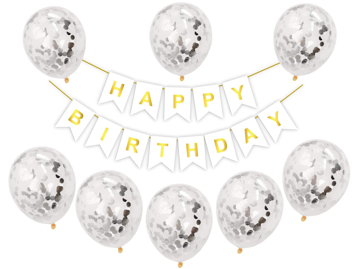 Silver confetti balloons with a "Happy Birthday" banner for festive birthday celebration decoration.