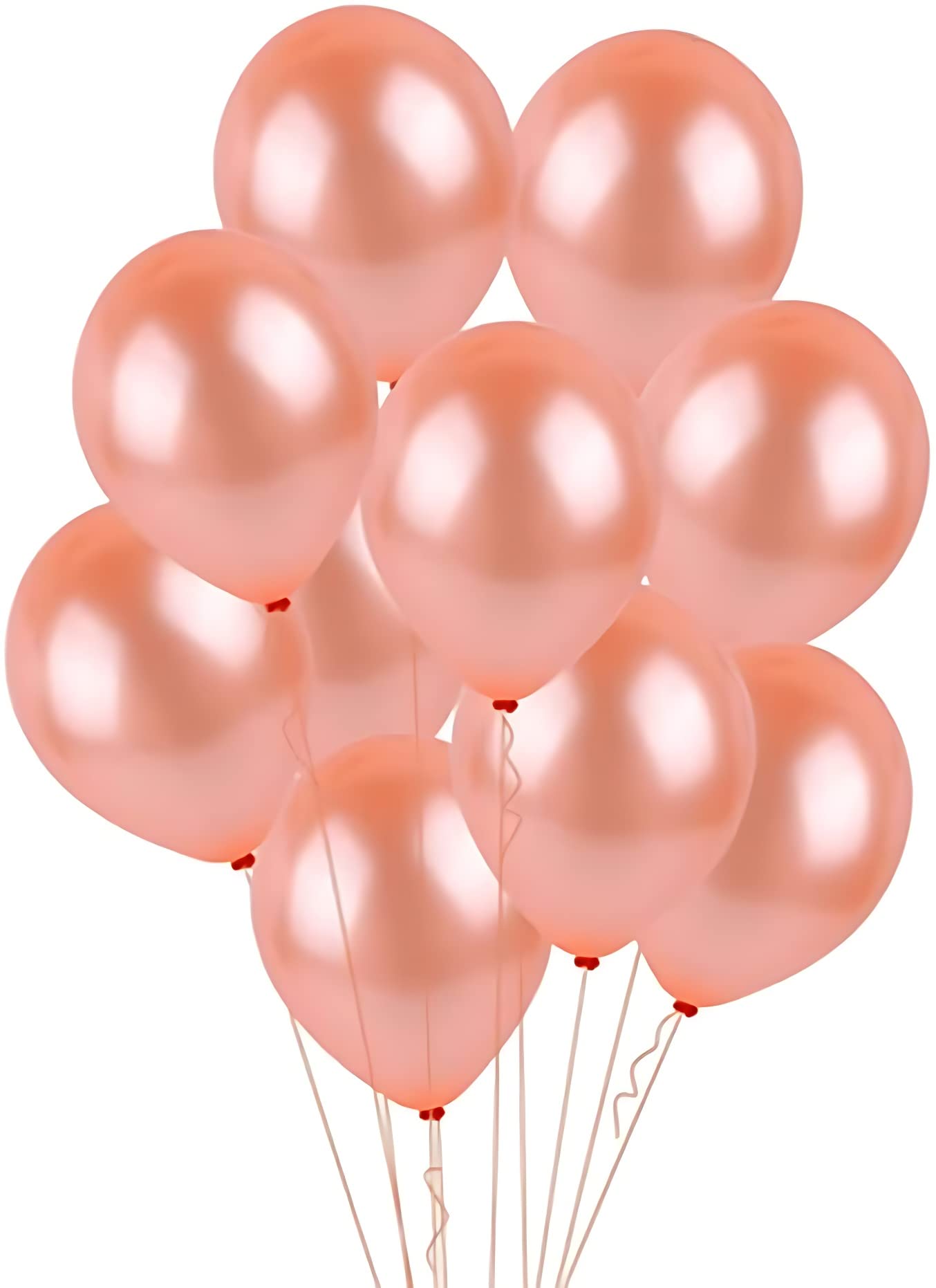 Pack of 10 rose gold balloons with long strings, perfect for wedding, birthday, or celebratory decorations.