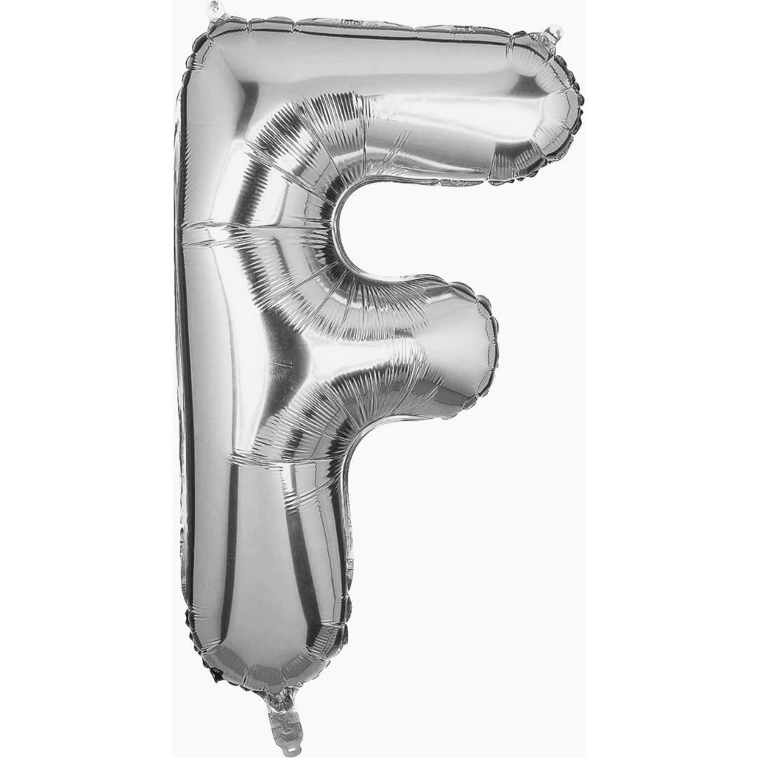 Silver foil letter F balloon, 16 inches, ideal for birthday, wedding, and festive decorations.