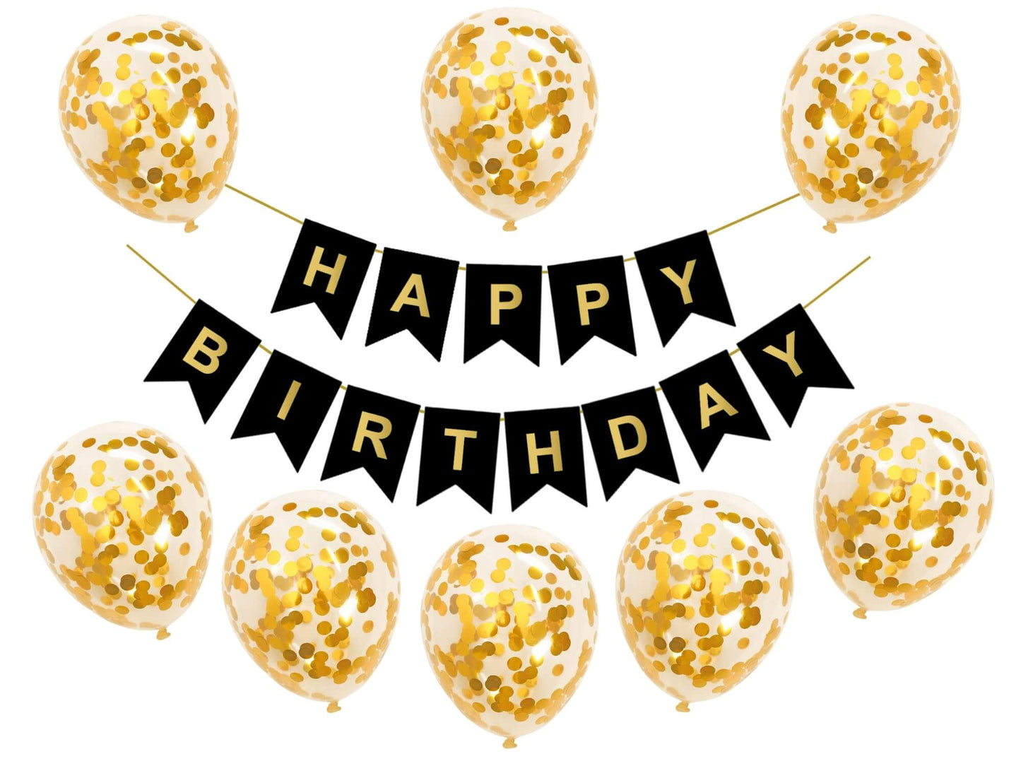 Gold confetti balloons with black Happy Birthday banner for festive party decoration.