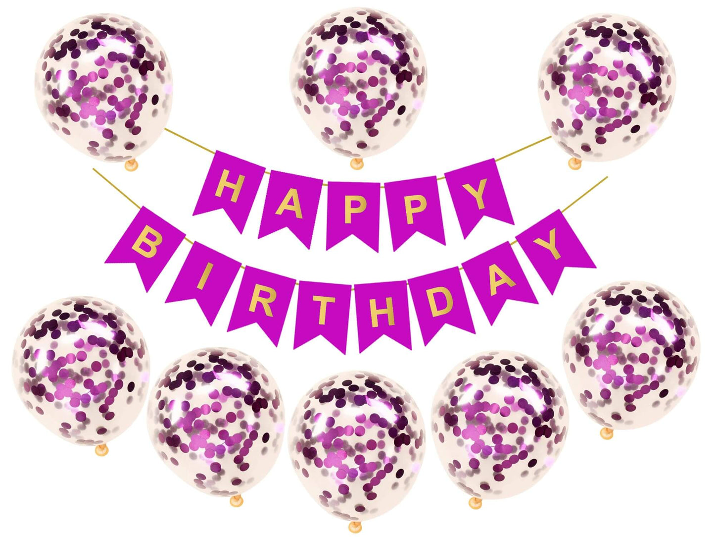 Happy Birthday banner with confetti balloons in pink and white for festive celebrations.