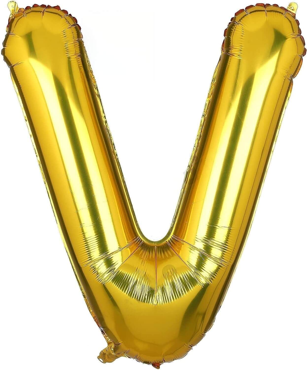 Flyloons 16-inch golden foil letter V balloon, perfect for birthday, anniversary, and wedding decorations.