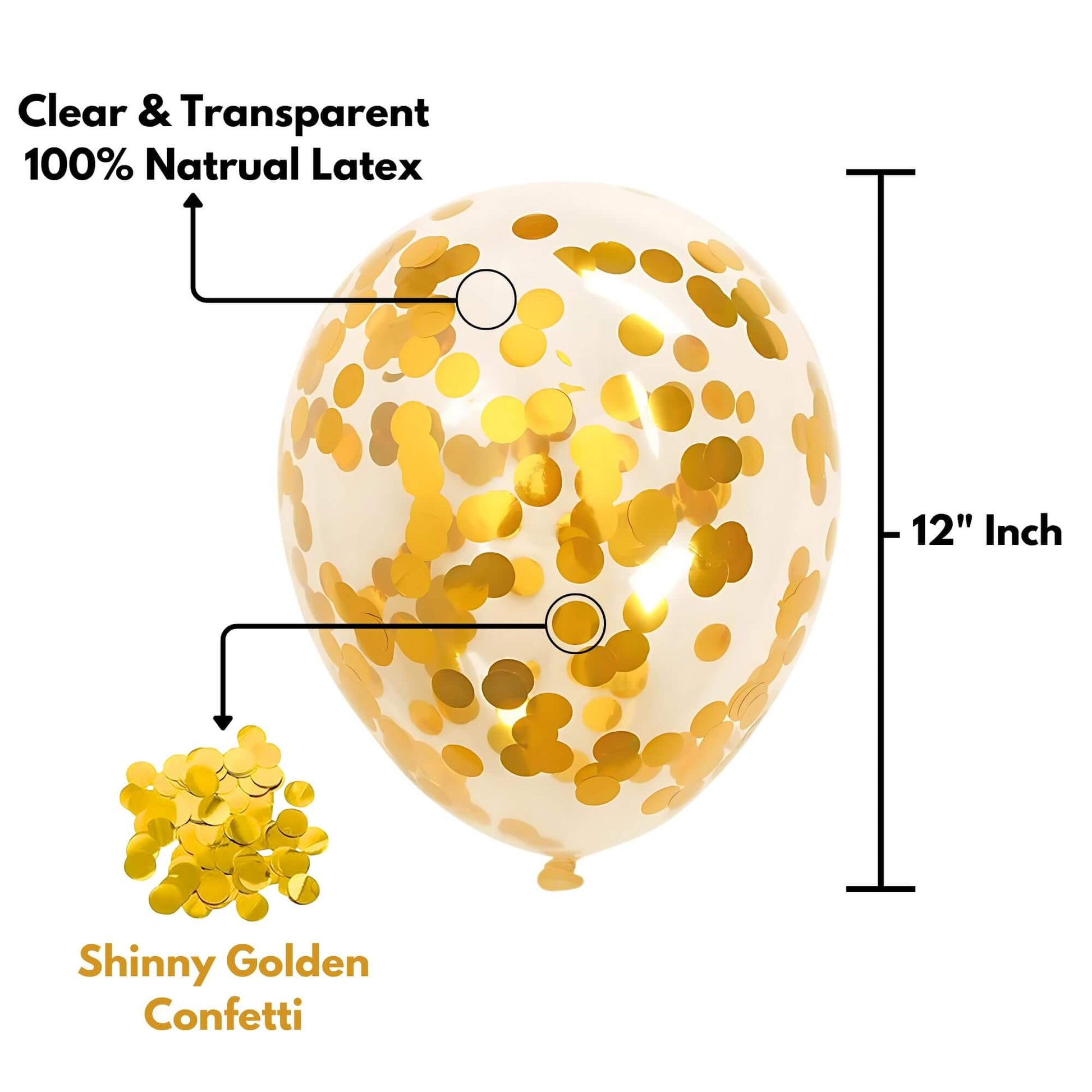 Clear transparent balloon with shiny golden confetti, 12 inch natural latex, ideal for festive celebrations.