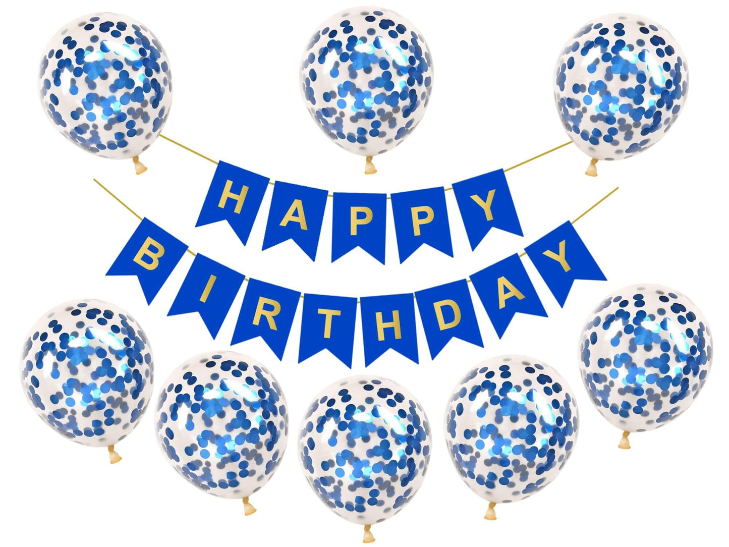 Dark blue Happy Birthday banner with confetti balloons decoration kit for kids and adults, perfect for festive celebrations.