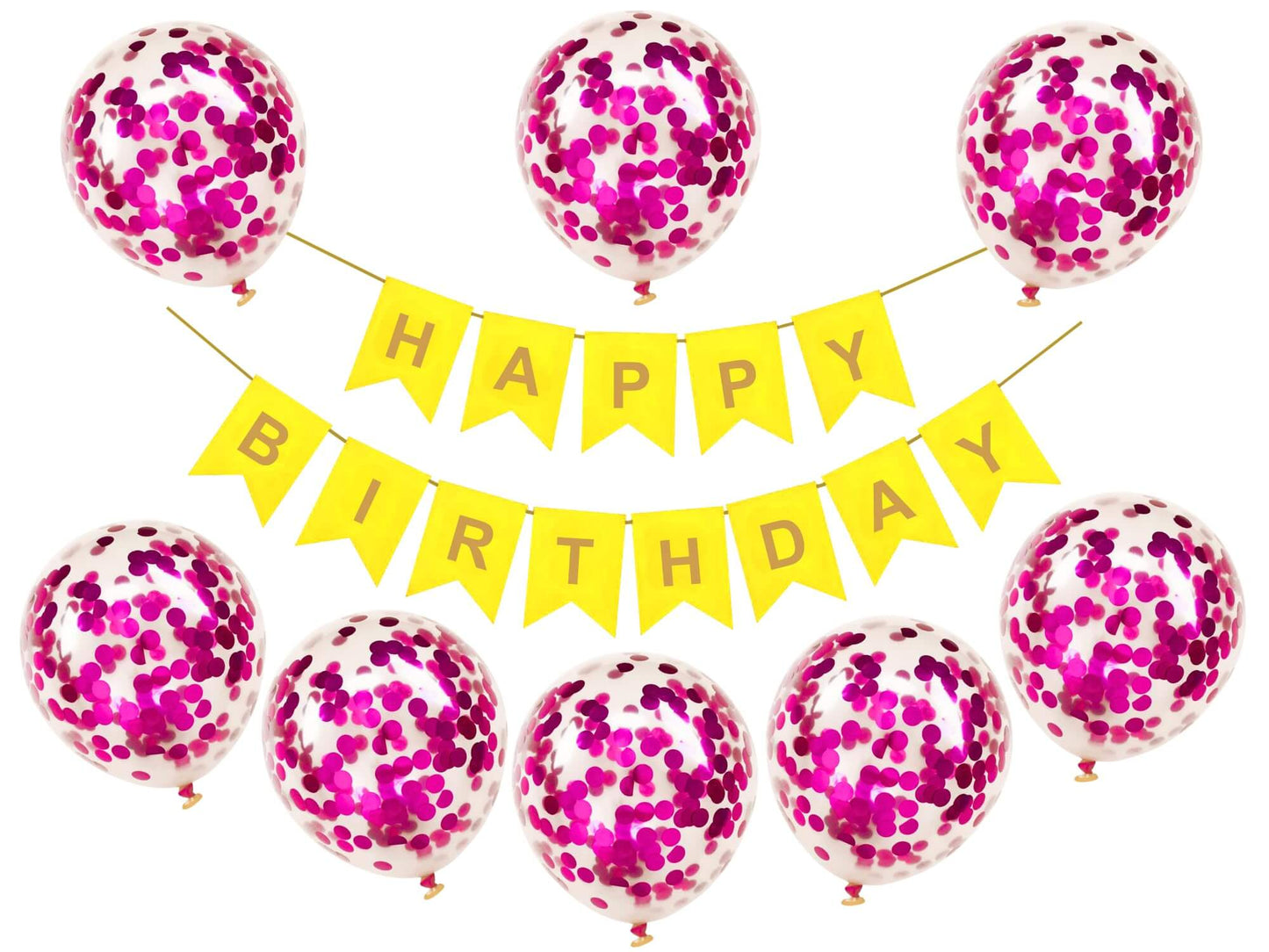 Happy Birthday banner with yellow flags and pink confetti balloons, perfect for festive celebrations.