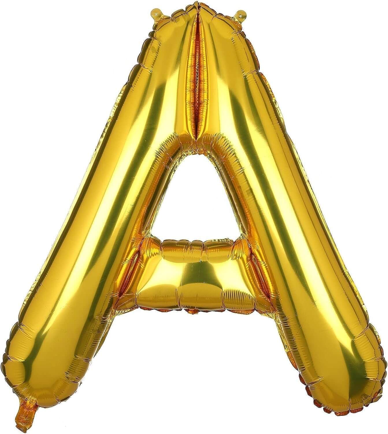 Golden A letter foil balloon for birthday and celebration decorations, 16 inch size, eye-catching design.