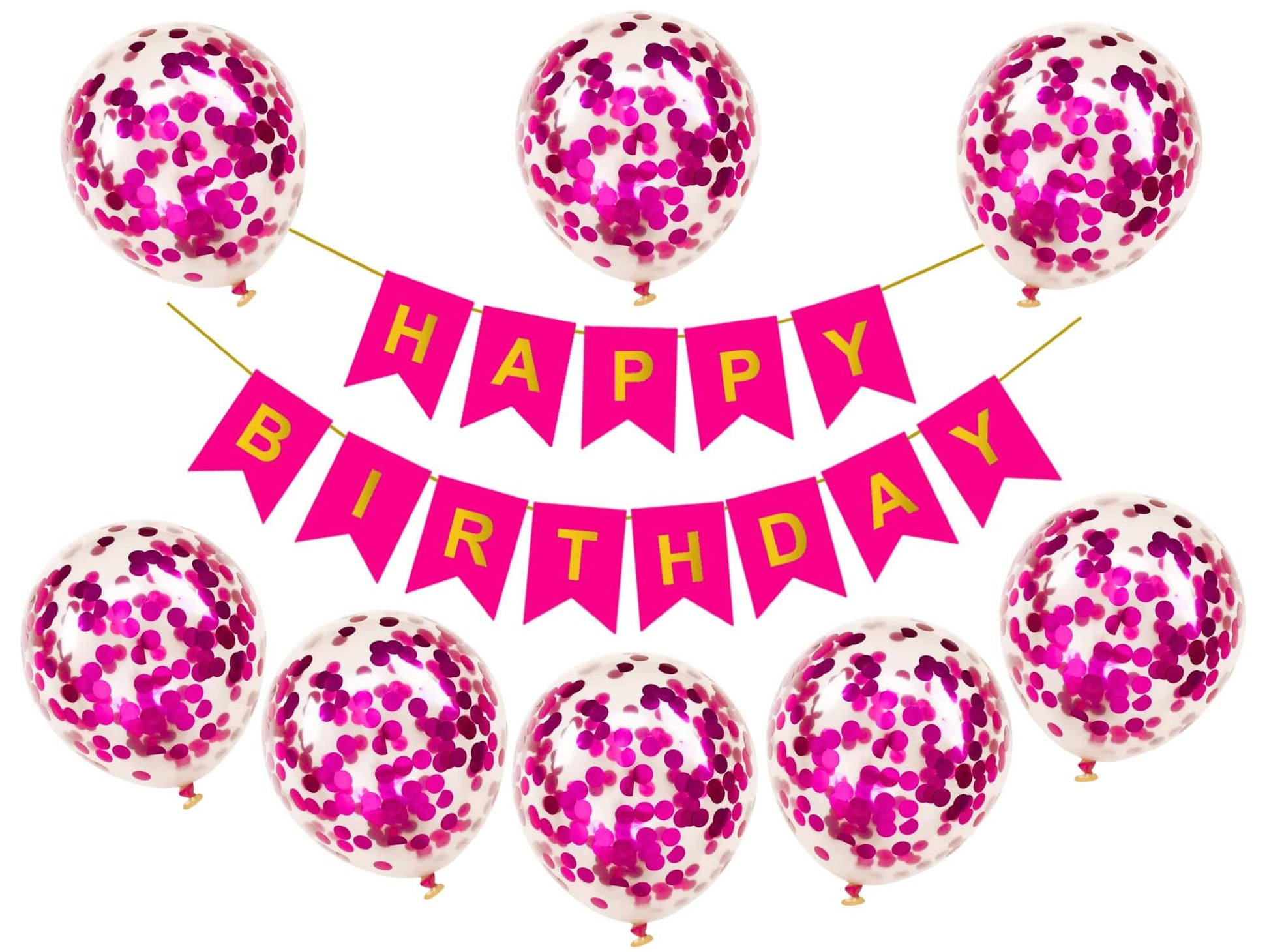 Colorful confetti balloons with pink 'Happy Birthday' banner for festive celebration decoration.