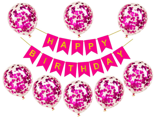Colorful confetti balloons with pink 'Happy Birthday' banner for festive celebration decoration.