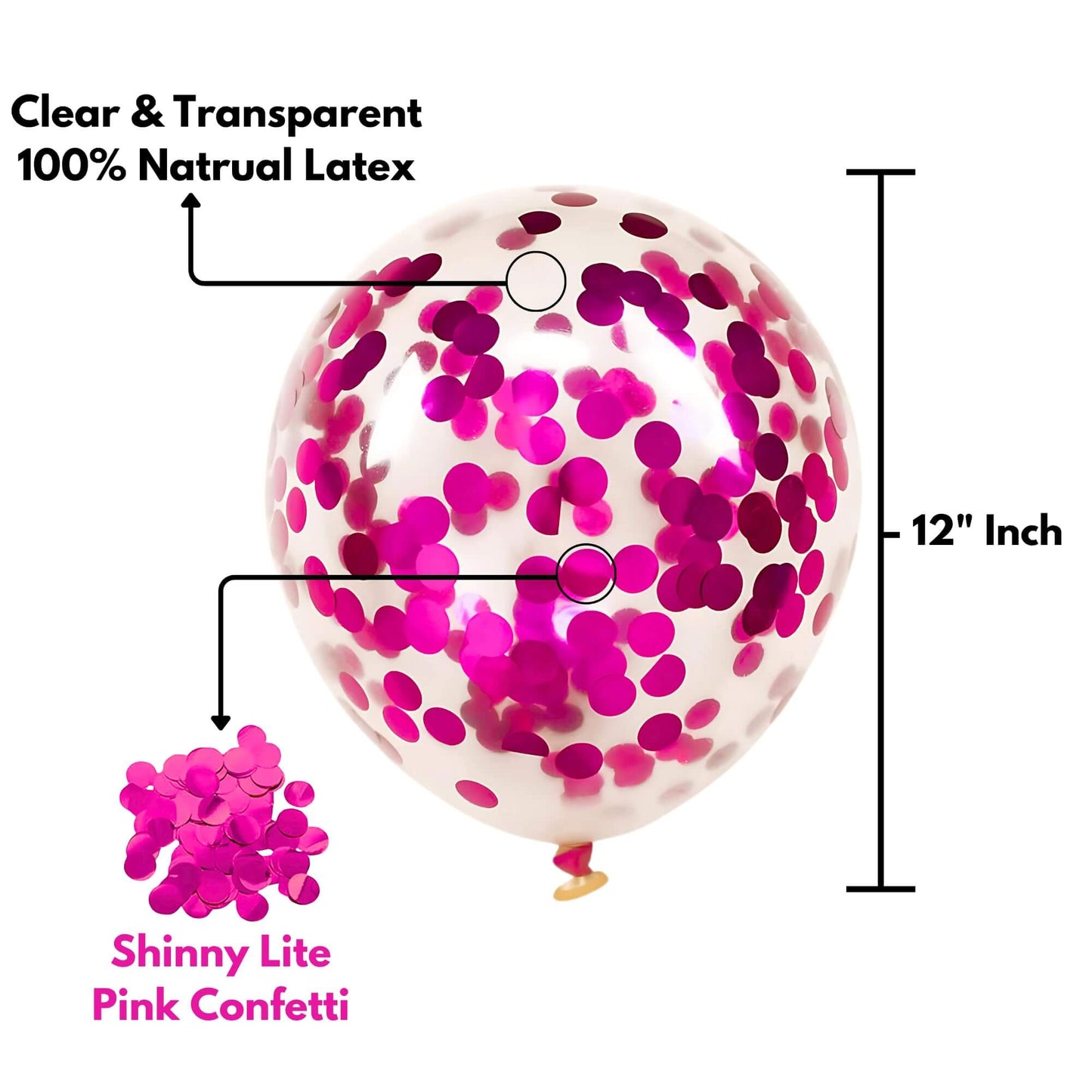 12 Inch clear latex balloon filled with shiny pink confetti, ideal for festive celebrations and decorations.