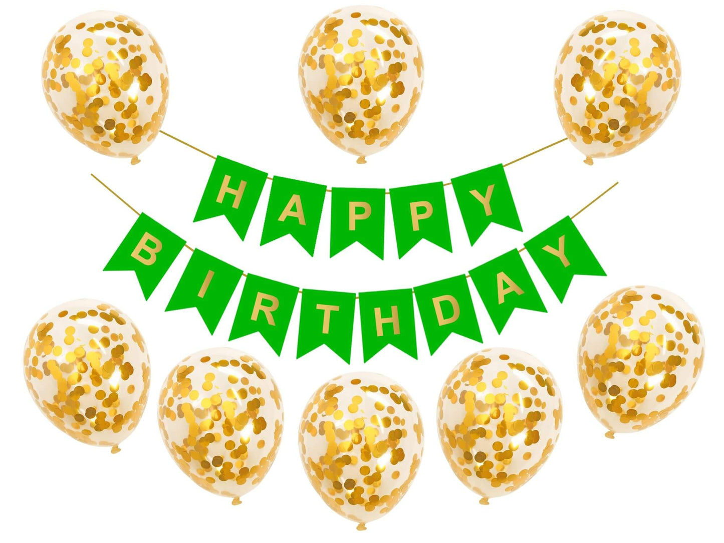 Happy Birthday banner with green letters and gold confetti balloons for festive celebrations.