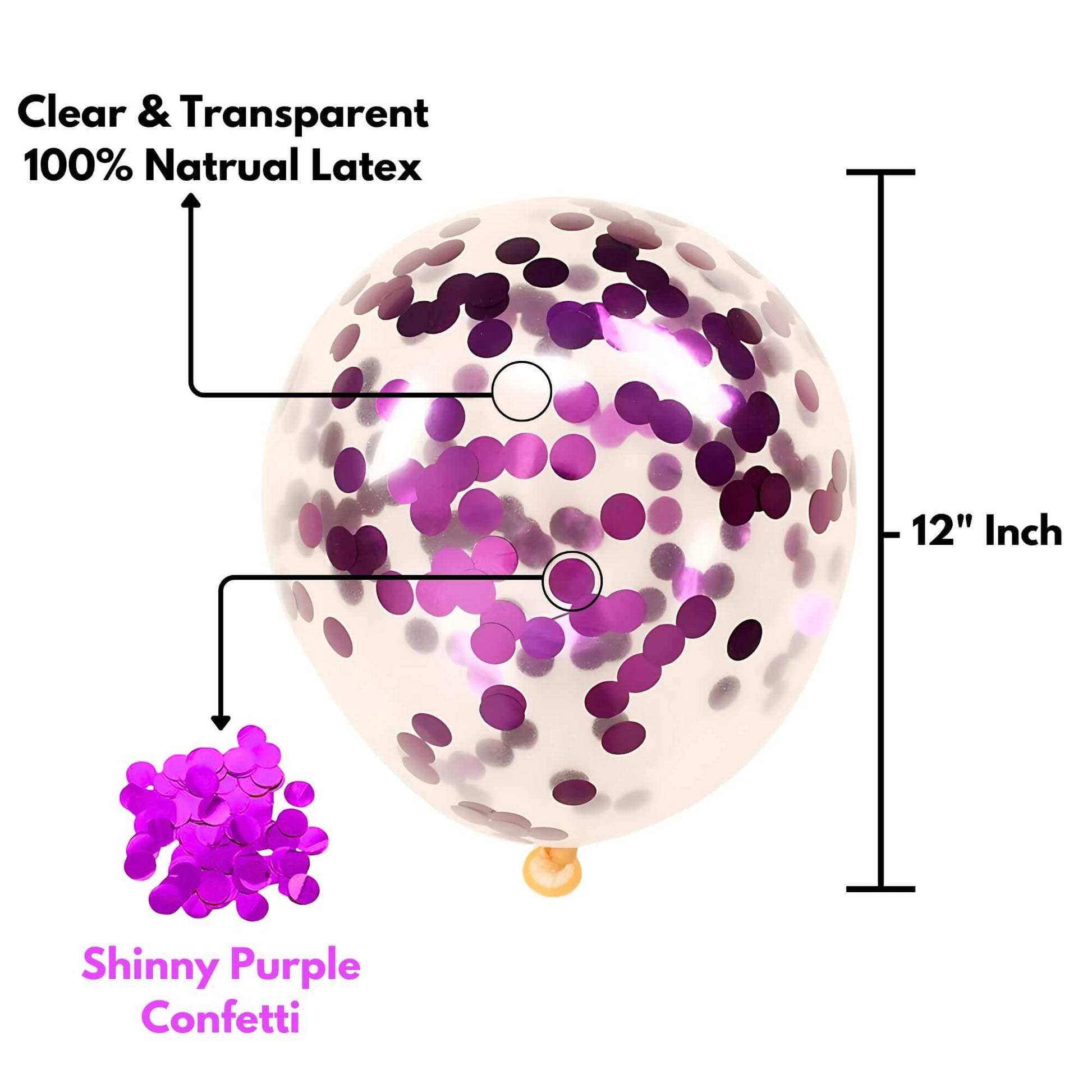 12" clear natural latex balloon with shiny purple confetti design for party decorations.