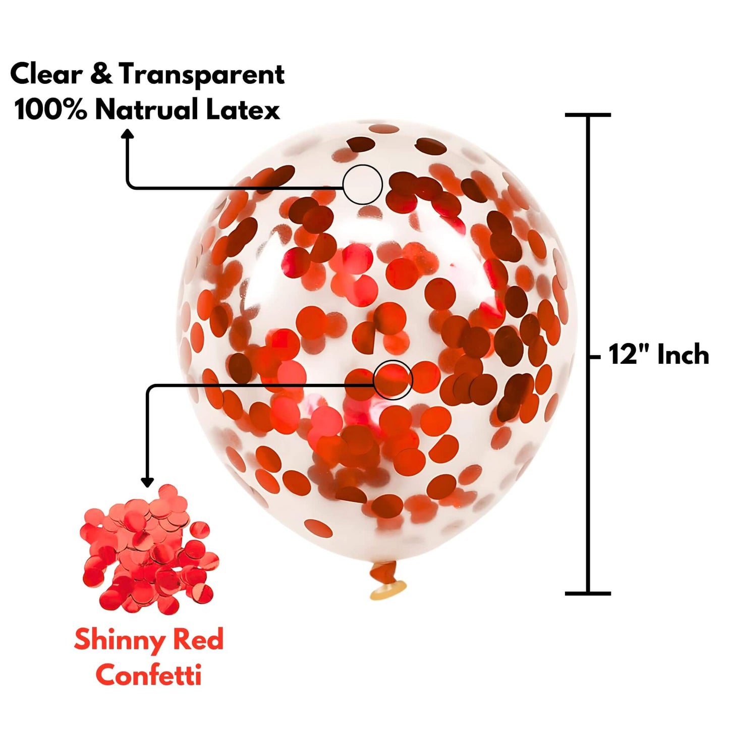 Clear transparent latex balloon with shiny red confetti, 12-inch size, perfect for festive celebrations.