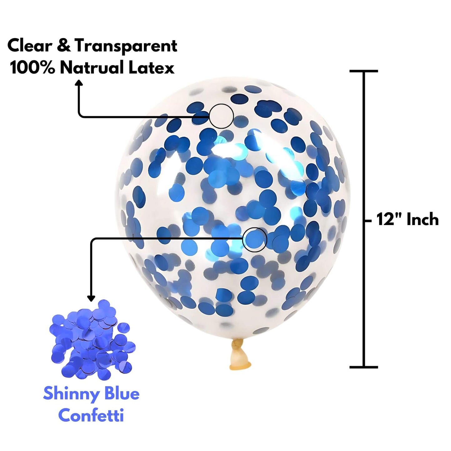 12-inch clear balloon filled with shiny blue confetti, made from 100% natural latex, perfect for birthday decorations.