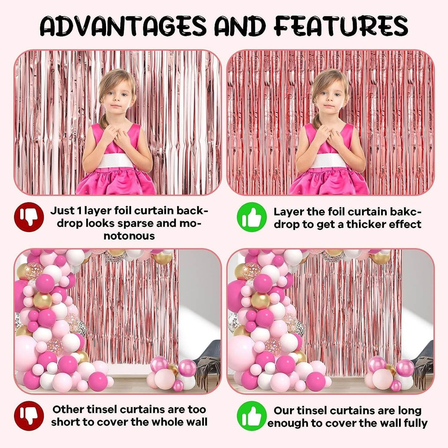 Rose Gold & Red Foil Curtains - Pack of 2
