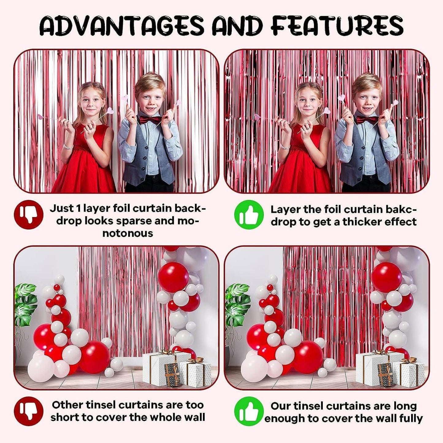 Rose Gold & Red Foil Curtains - Pack of 2